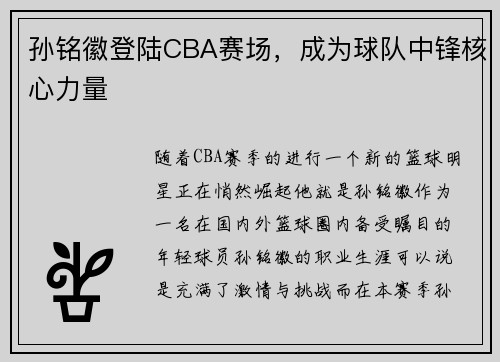 孙铭徽登陆CBA赛场，成为球队中锋核心力量