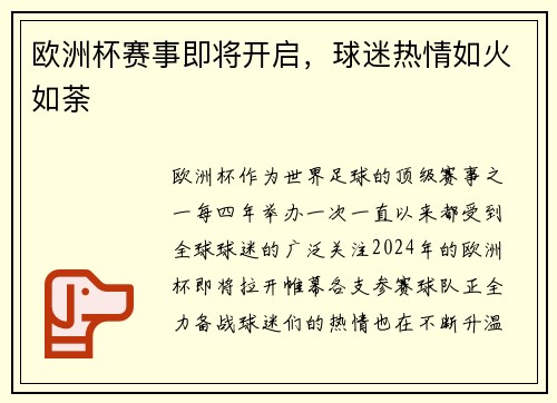 欧洲杯赛事即将开启，球迷热情如火如荼