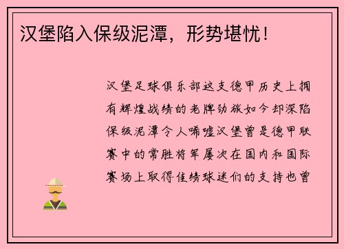 汉堡陷入保级泥潭，形势堪忧！