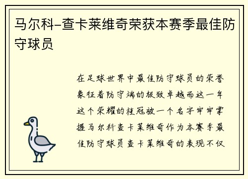 马尔科-查卡莱维奇荣获本赛季最佳防守球员