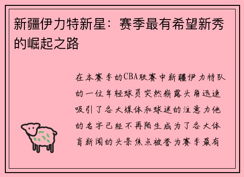 新疆伊力特新星：赛季最有希望新秀的崛起之路
